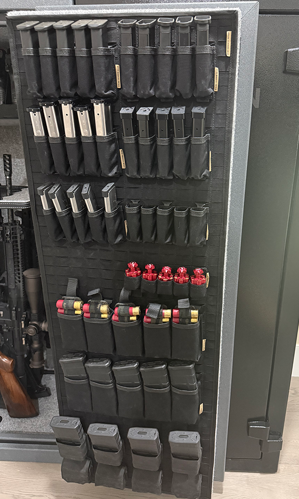 MOLLE Gun Safe Door Organizer Showing Pistol Magazine Rilfe Magazine Custom Revolver Speedloader Pouch