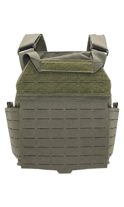 modular plate carrier rear laser cut MOLLE panel and drag handle Ranger Green