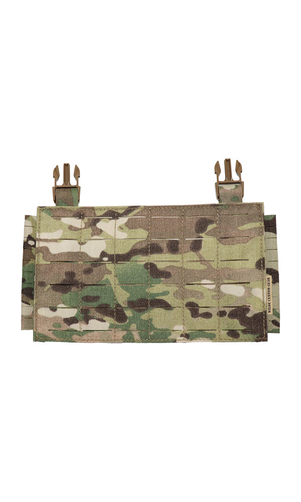 Wilde Custom Gear Modular MOLLE Placard – 6x5 laser cut MOLLE panel. Build any loadout, fast-attach to plate carriers or convert to chest rig.  Split Bar Buckle Options.  Adjustable Height. Multicam.  Front
