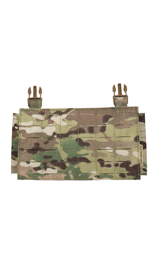Wilde Custom Gear Modular MOLLE Placard – 6x5 laser cut MOLLE panel. Build any loadout, fast-attach to plate carriers or convert to chest rig.  Split Bar Buckle Options.  Adjustable Height. Multicam.  Front