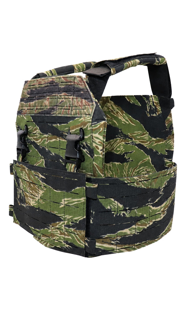 Wilde Custom Gear Modular Plate Carrier in Limited Edition Vietnam Tiger Stripe camouflage with laser-cut MOLLE panels, black buckles, padded shoulder straps, and adjustable cummerbund.  Angle View.