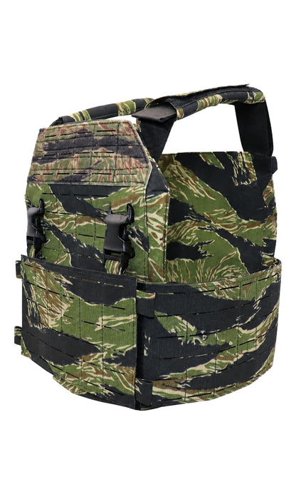 Wilde Custom Gear Modular Plate Carrier in Limited Edition Vietnam Tiger Stripe camouflage with laser-cut MOLLE panels, black buckles, padded shoulder straps, and adjustable cummerbund.  Angle View.