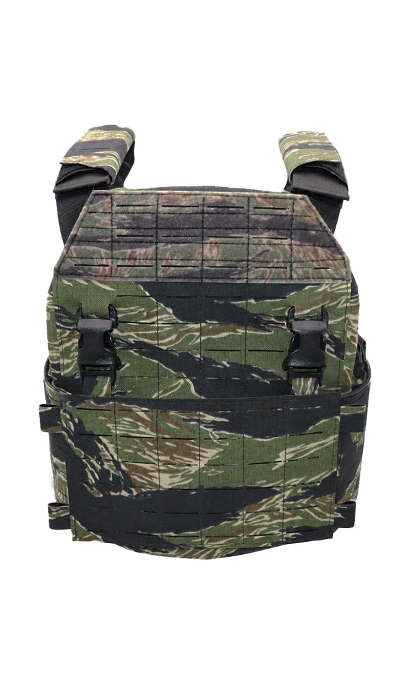 Wilde Custom Gear Modular Plate Carrier in Limited Edition Vietnam Tiger Stripe camouflage with laser-cut MOLLE panels, black buckles, padded shoulder straps, and adjustable cummerbund.  Front View.