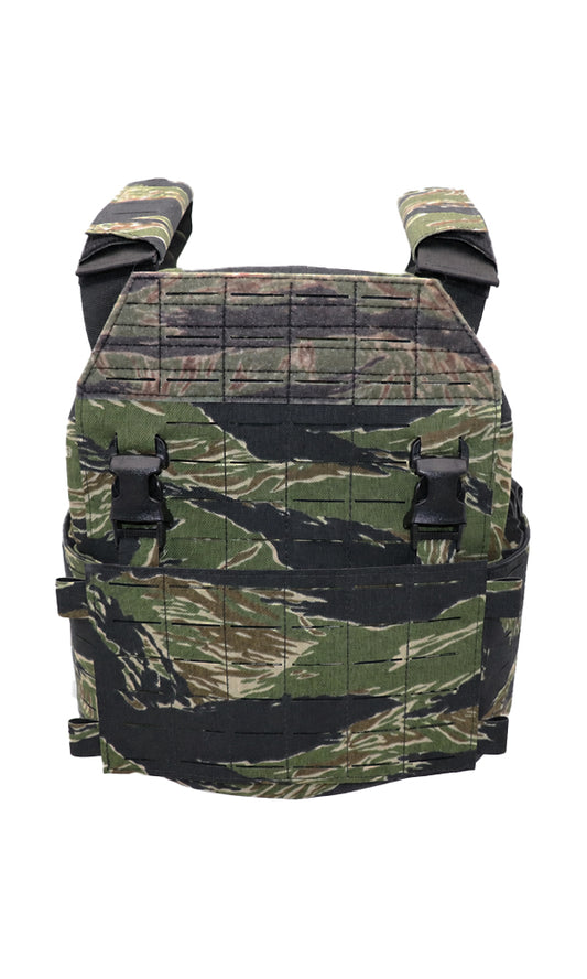 Wilde Custom Gear Modular Plate Carrier in Limited Edition Vietnam Tiger Stripe camouflage with laser-cut MOLLE panels, black buckles, padded shoulder straps, and adjustable cummerbund.  Front View.