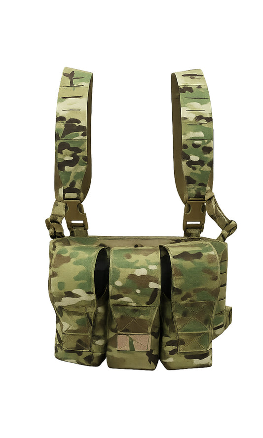 Wilde Custom Gear Pattern 83 Chest Rig SADF Chest Rig in Multicam with triple AR-15 magazine pouches and laser-cut MOLLE panel, made in USA tactical nylon gear