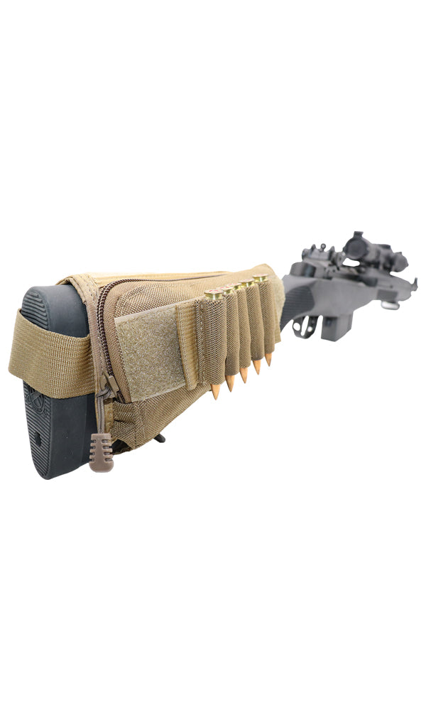 Tactical Rifle Stock Pack Mounted on a rifle Coyote Brown Wilde Custom Gear