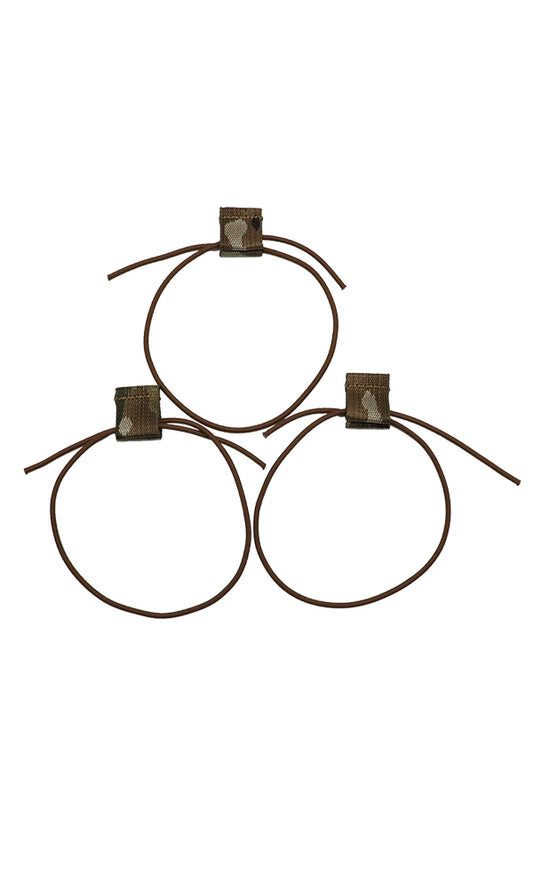 Set of three tactical shock cord pull tabs with elastic retention loops for securing rifle magazines Multicam